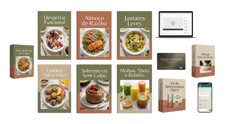 Acervo digital completo: capas dos guias de receitas, Guia de Bordo em vídeo, Módulo Mão na Massa, Clube de Atualizações, Kit de Sobrevivência Diária e comunidade no WhatsApp.